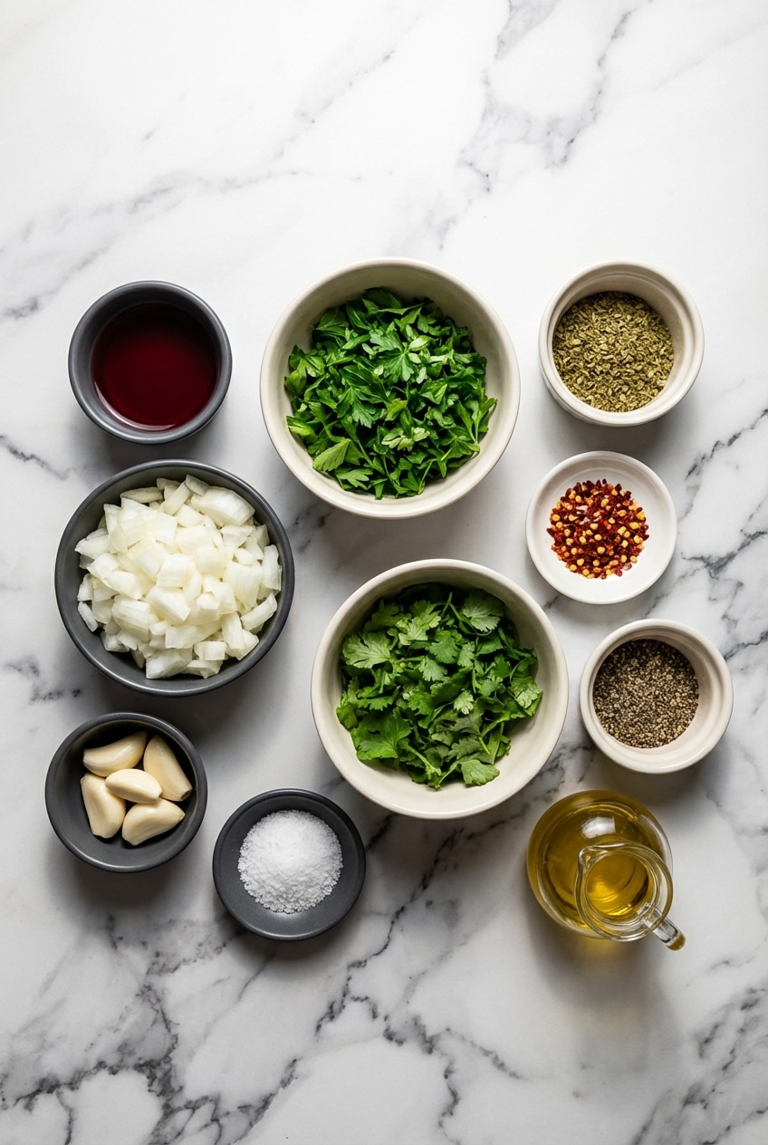 Ingredients for chimichurri sauce including flat-leaf parsley, red wine vinegar, and extra virgin olive oil.