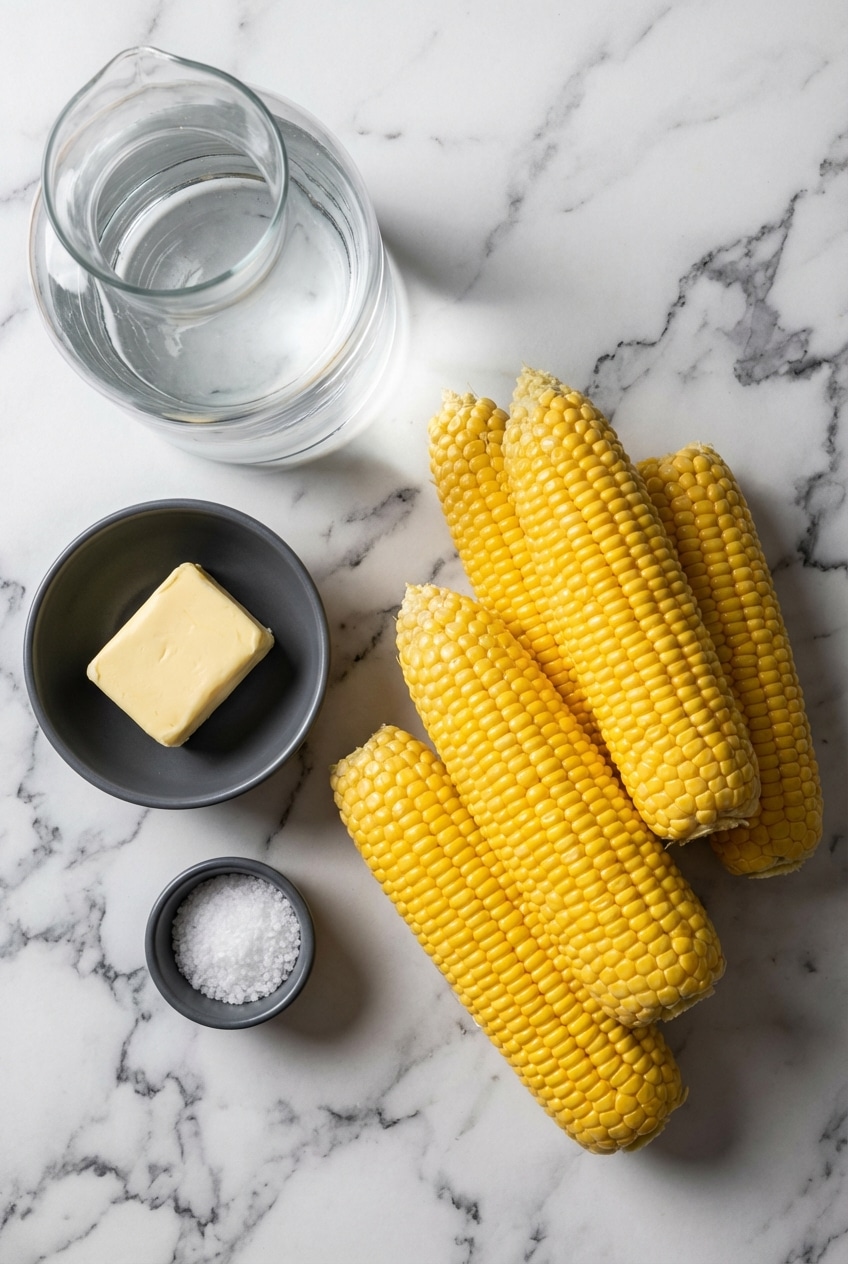 Raw sweet corn with husks and corn silk next to honey and citrus for how to cook corn on the cob.