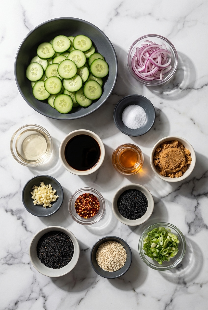 Fresh Persian cucumbers, a Mason jar, rice wine vinegar, and sesame oil for cucumber salad in a jar.