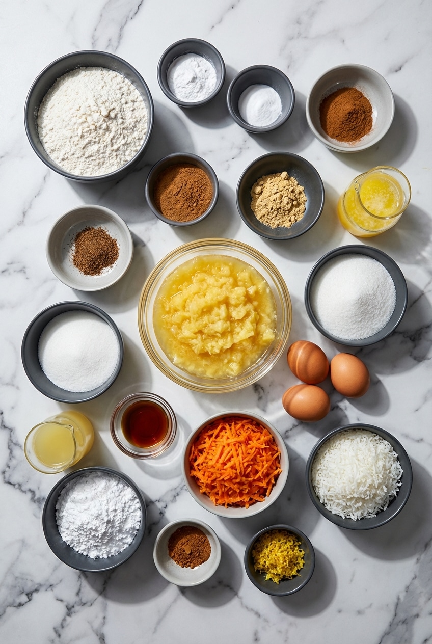Flat lay of hawaiian carrot pineapple cake ingredients including crushed pineapple, shredded carrots, and macadamia nuts.