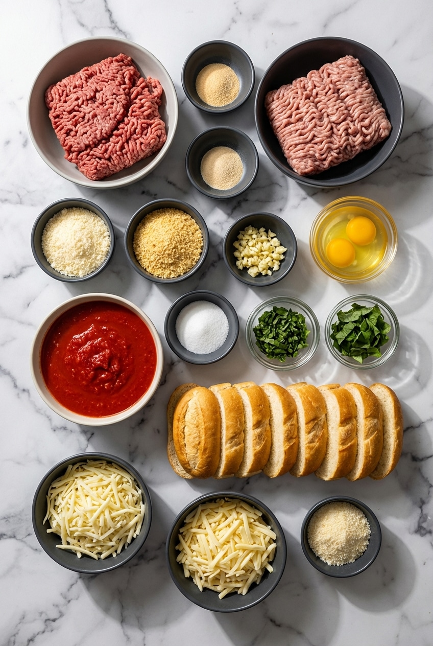 Flat lay of meatball sub ingredients including ground pork, panko breadcrumbs, marinara sauce, and hoagie rolls.