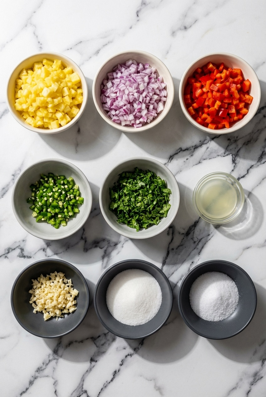 Raw ingredients for pineapple salsa including peppers, cilantro, and fruit rich in Vitamin C and antioxidants.