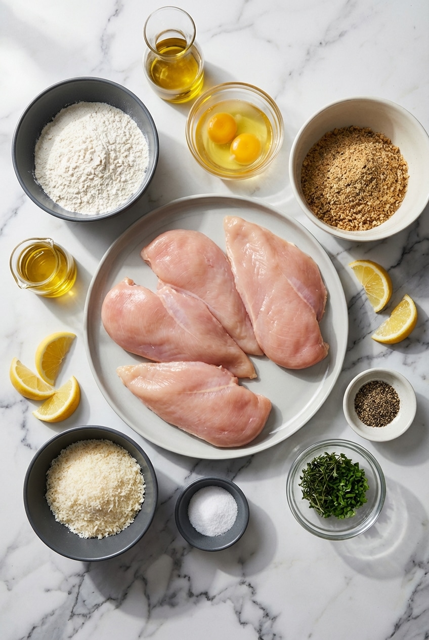 Overhead view of chicken cutlets, Parmigiano-Reggiano, Panko crumbs, and citrus for parmesan crusted chicken.