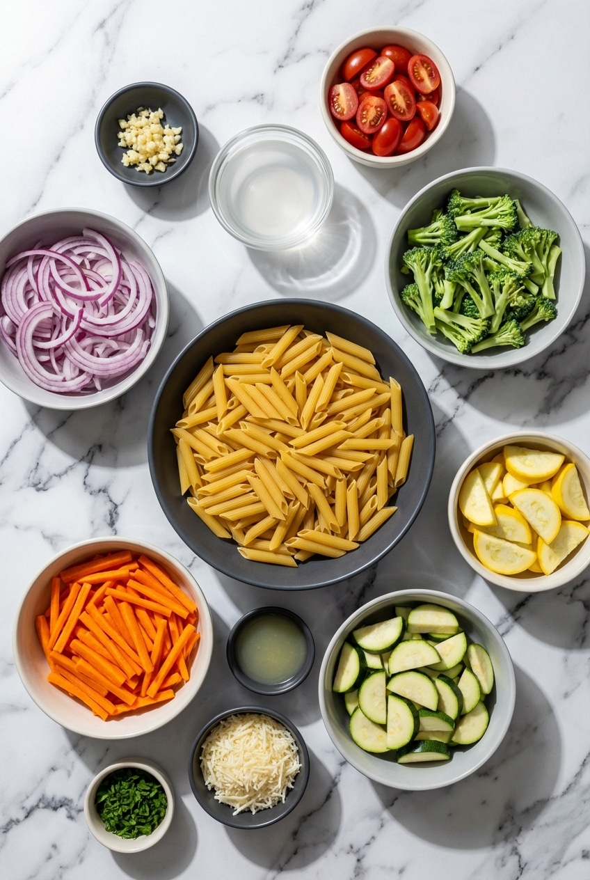 Flat lay of pasta primavera ingredients including zucchini, asparagus, pine nuts, and red pepper flakes.