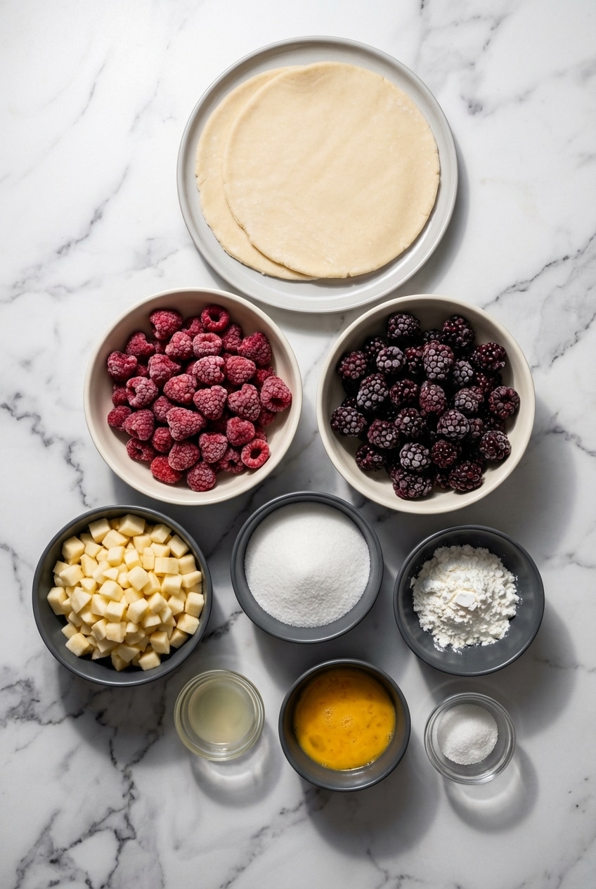 Ingredients for razzleberry pie including fresh raspberries, blackberries, butter, and a Honeycrisp apple for texture.