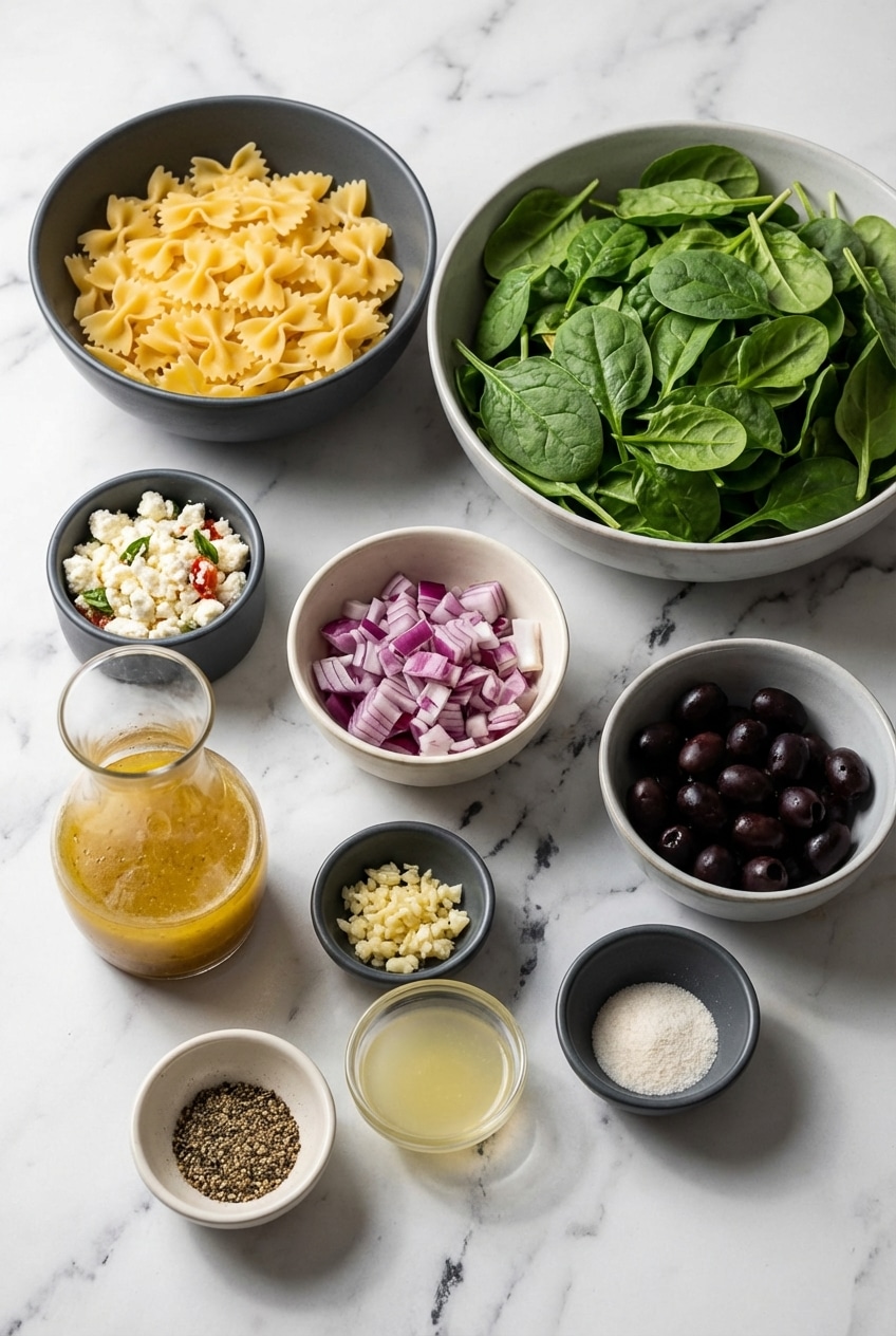 Flat lay of spinach pasta salad ingredients including baby spinach, farfalle, sun-dried tomatoes, and feta cheese.