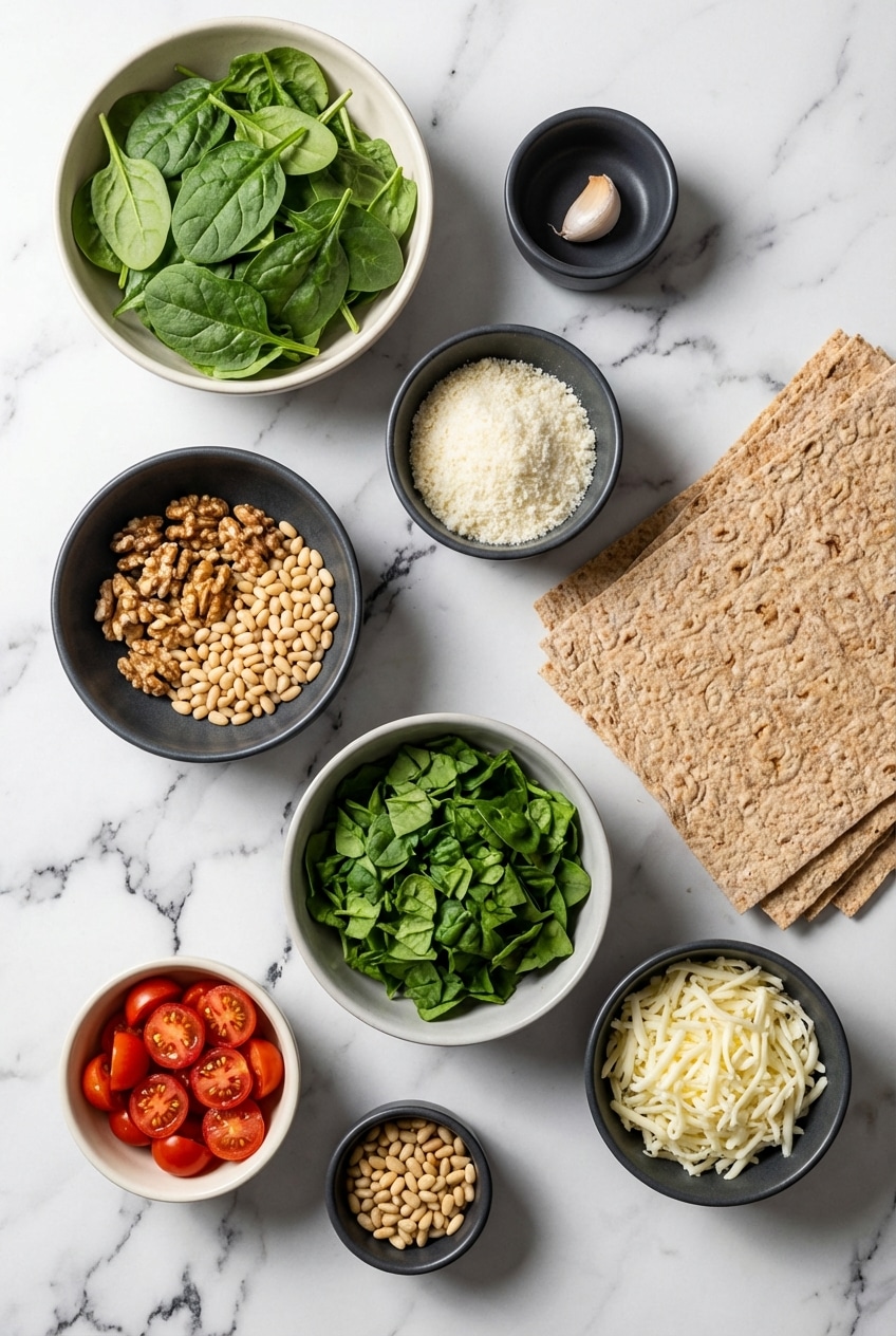 Flat lay of spinach pesto pizza ingredients including extra virgin olive oil, pine nuts, and mozzarella cheese.