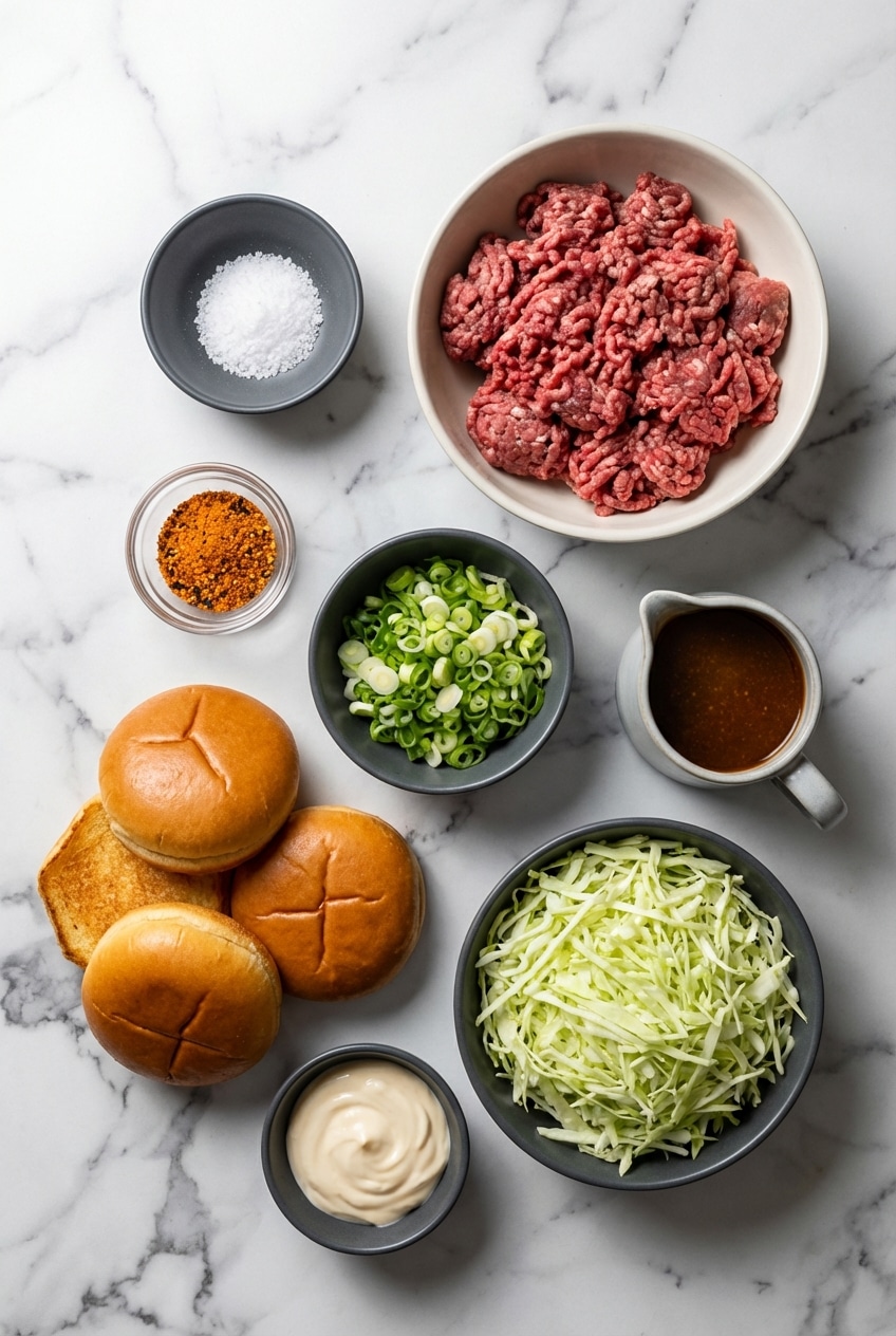 Flat lay of ground chuck, mirin, and kewpie mayonnaise for making a homemade teriyaki burger.