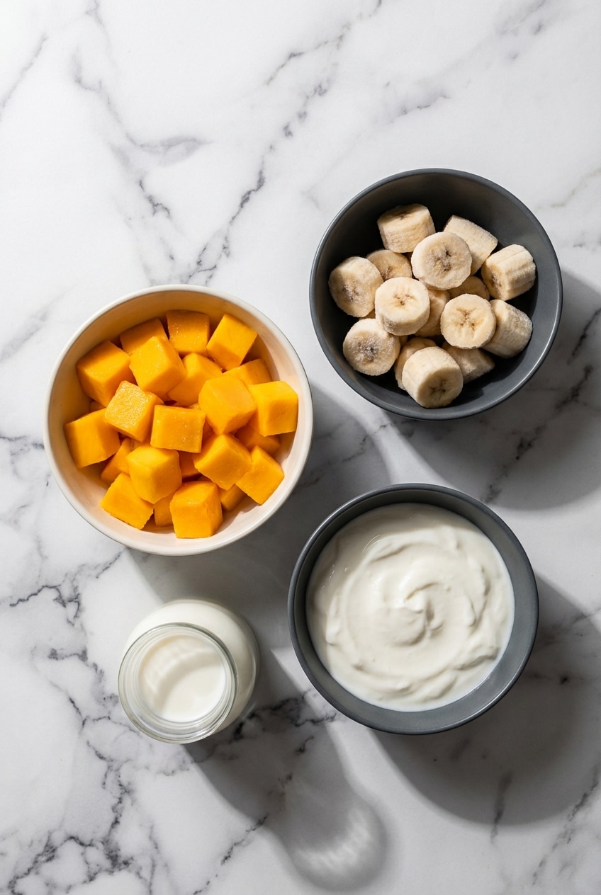 Flat lay of Alphonso mango chunks, Greek yogurt, dairy-free milk, and ground turmeric for a mango smoothie.