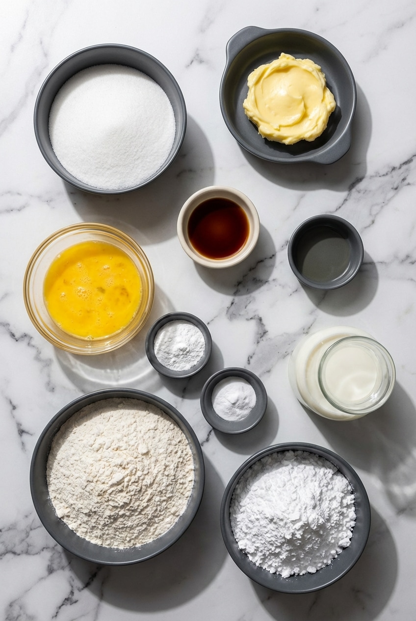 Raw ingredients for valentine's cake including all-purpose flour, almond extract, and room temperature ingredients.