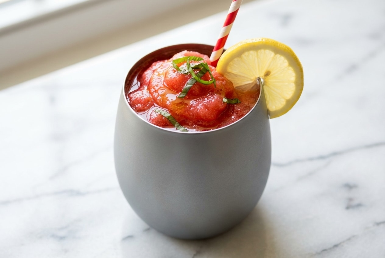 Frozen strawberry lemonade in a tall glass, elevated with a fragrant honey-basil maceration and fresh garnish.