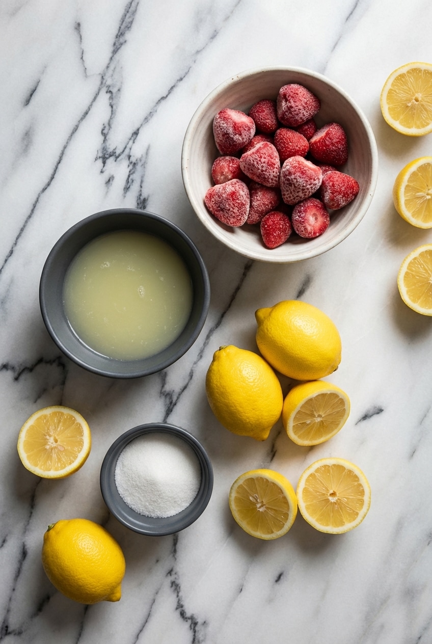 Flat lay of frozen strawberries, fresh lemon juice, and basil leaves for making frozen strawberry lemonade.