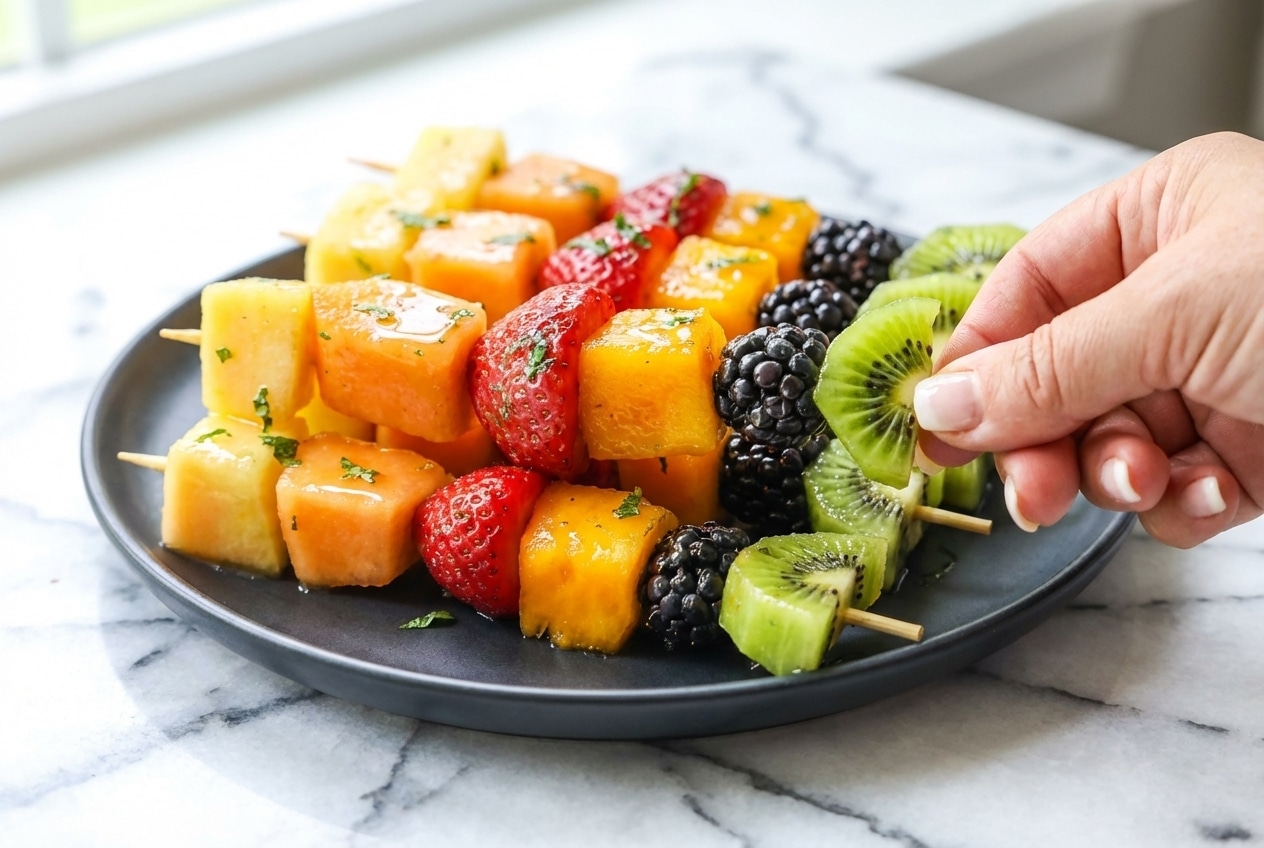 Vibrant fruit kabobs drizzled with a glossy honey-lime-mint finishing glaze on a serving platter.