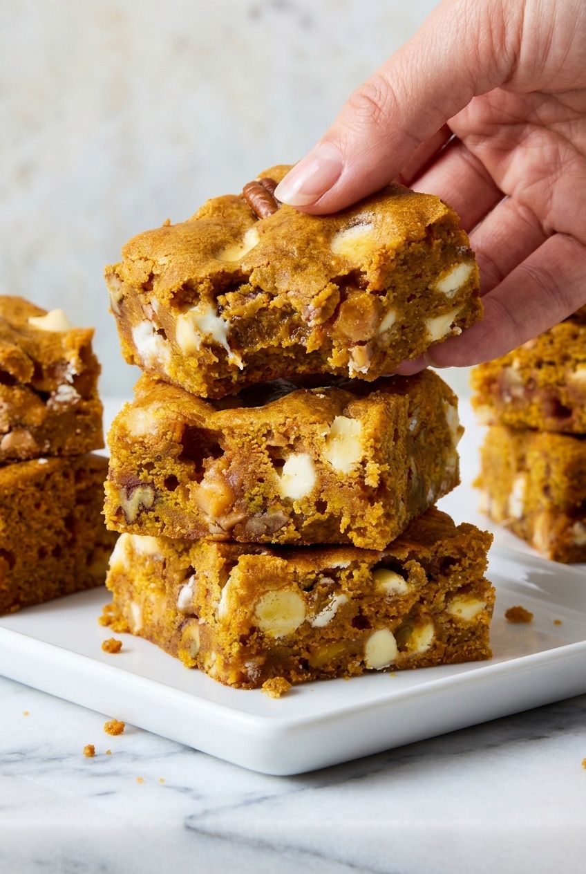 Close-up of the fudgy crumb in pumpkin blondies showing the dense texture from the Maillard reaction.