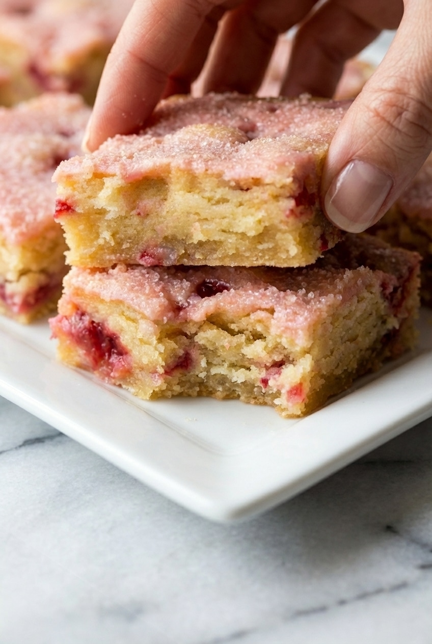 Close-up of the fudgy, dense center of strawberry lemon blondies showing strawberry puree swirls.