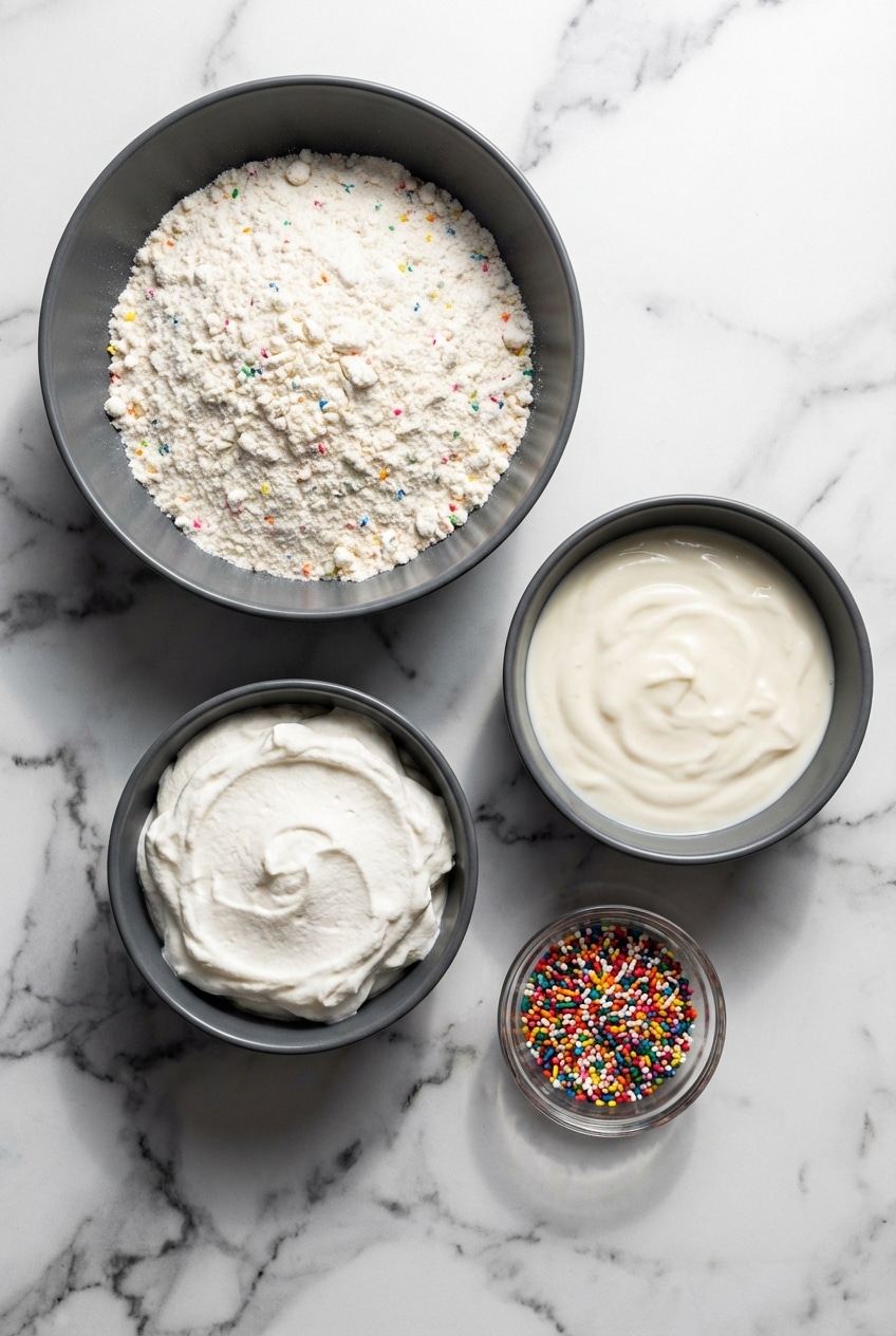 Raw ingredients for Funfetti Dip featuring heat-treated flour, whipped topping, and bright rainbow jimmies.