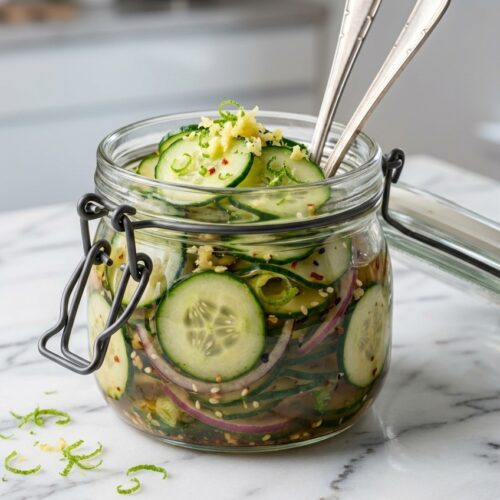 Layered cucumber salad in a jar featuring a zesty ginger and lime zest dressing with sesame seeds.