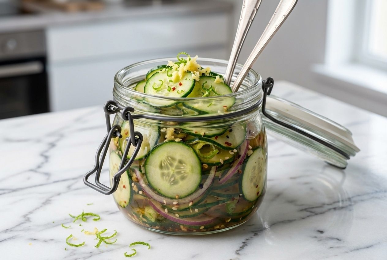 Layered cucumber salad in a jar featuring a zesty ginger and lime zest dressing with sesame seeds.