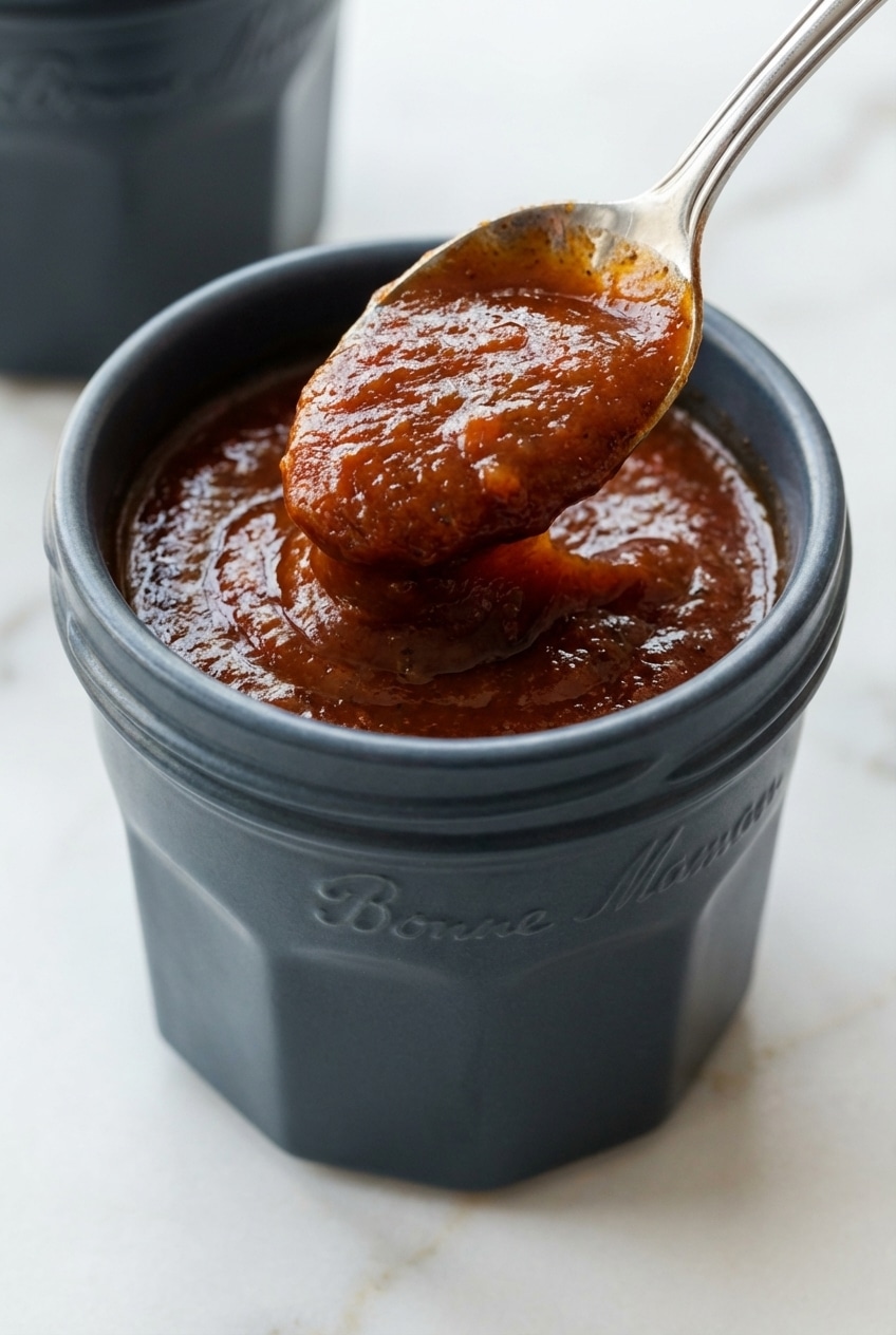 Close-up of a brush applying a thick homemade bbq sauce recipe glaze to grilled meat.