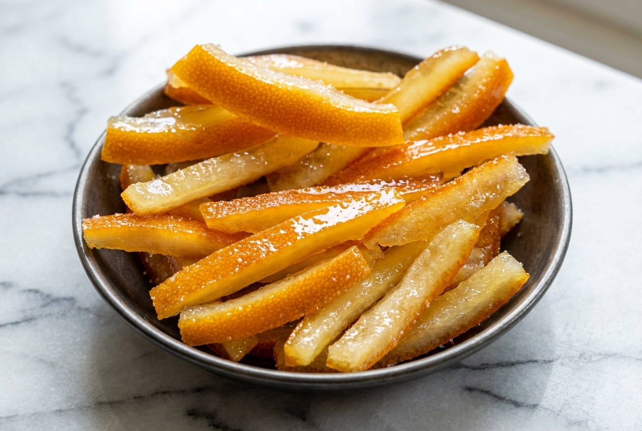 Translucent candied orange peel recipe strips with a glossy corn syrup and citric acid finish on a wire rack.