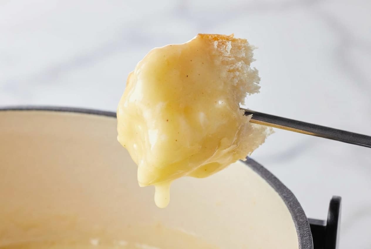 Glossy cheese fondue recipe with a smooth sodium citrate emulsion in a ceramic pot.