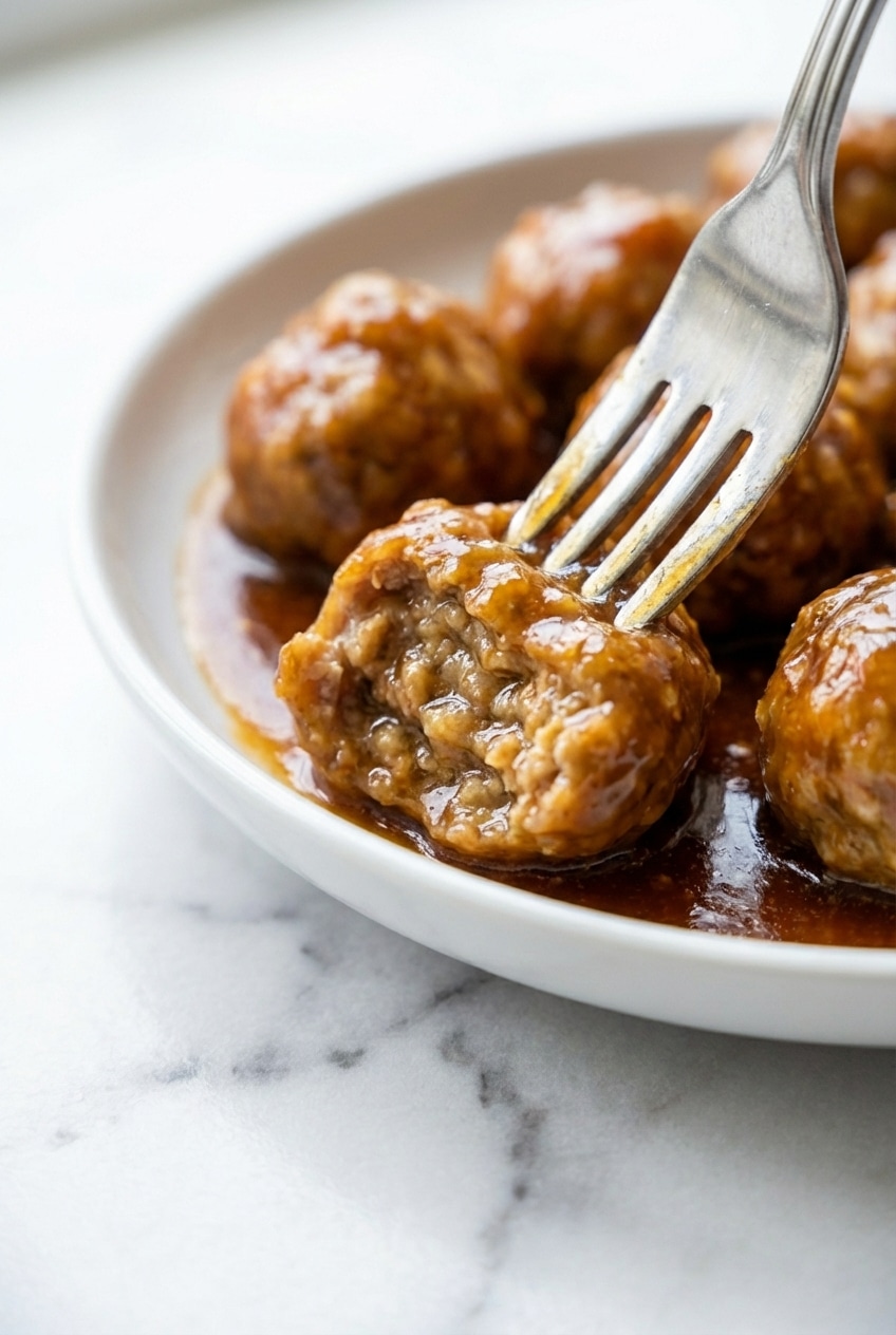 Close up of glossy Honey Garlic Meatballs showing the rich Maillard reaction and sticky honey sauce.