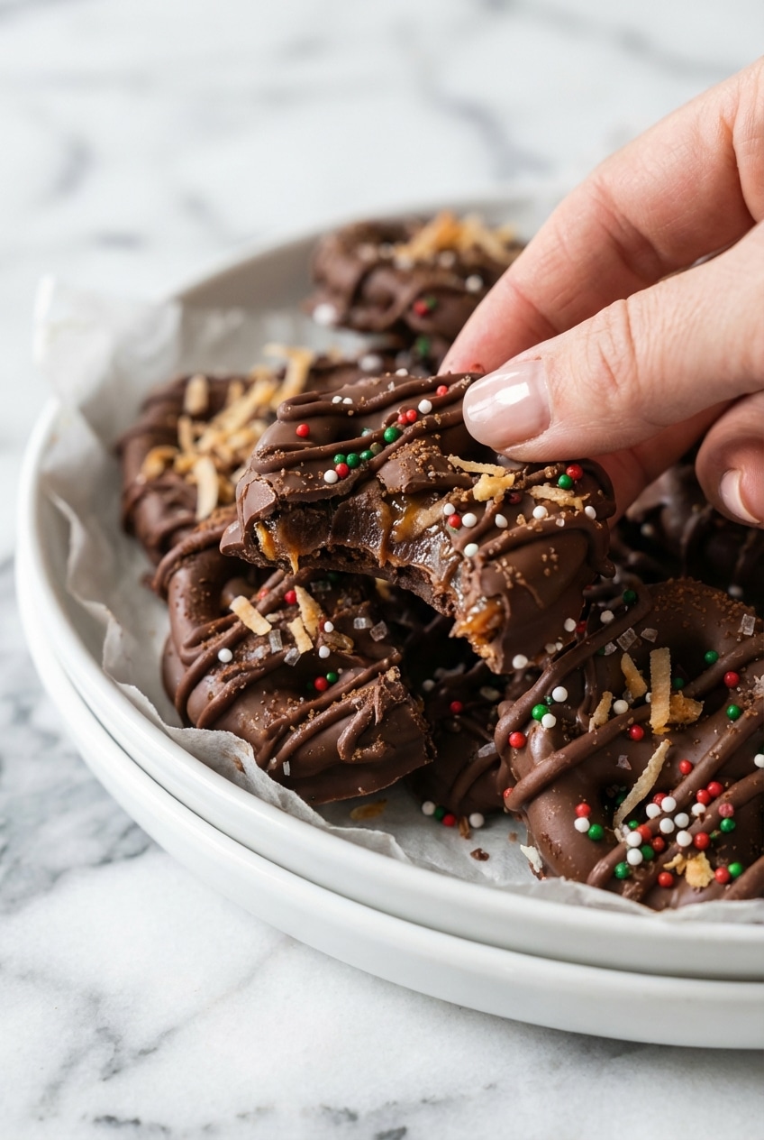Close-up of glossy chocolate covered pretzels showing a smooth finish after tempering.