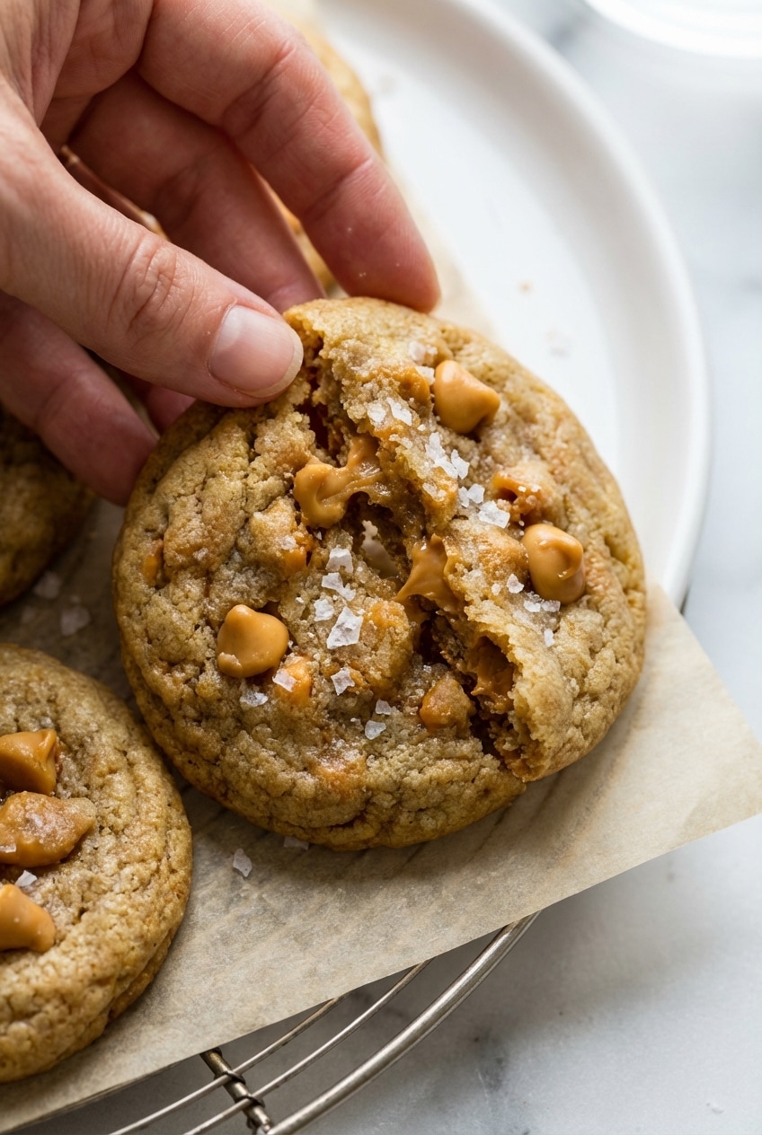 Freshly baked butterscotch cookies showing a golden Maillard reaction on a wire cooling rack.