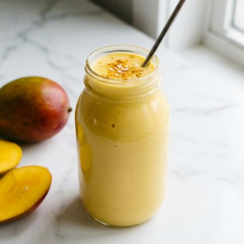 Creamy mango smoothie in a glass with a golden turmeric glow and a pinch of sea salt for flavor depth.