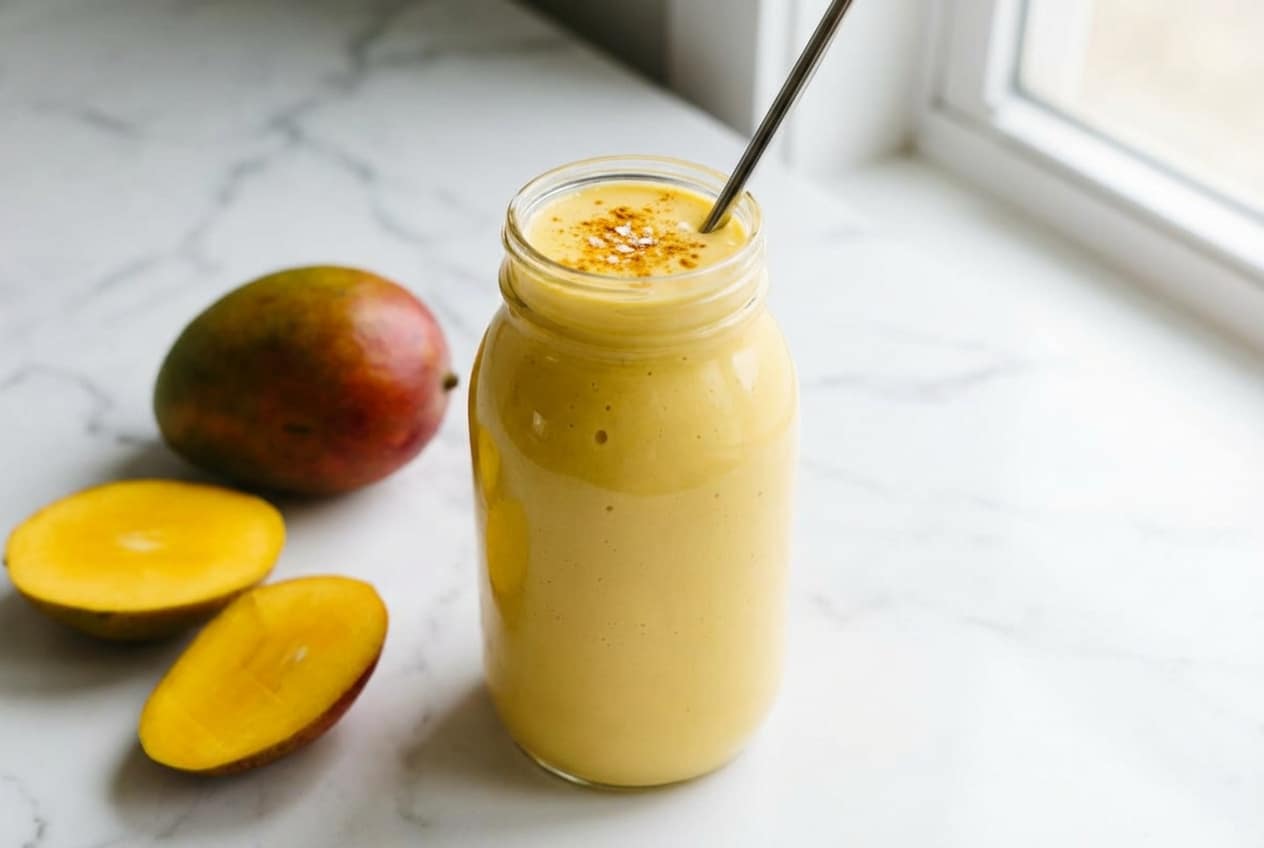 Creamy mango smoothie in a glass with a golden turmeric glow and a pinch of sea salt for flavor depth.