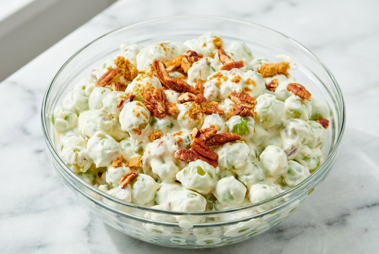 Creamy grape salad topped with crunchy salted cinnamon-toffee pecans in a white serving bowl.