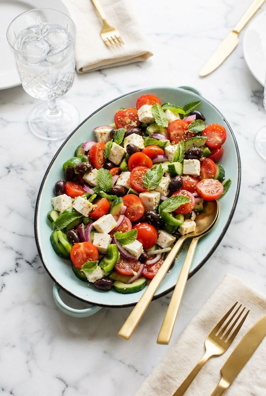 Close-up of a greek salad being prepared to show the texture of the marinated feta and fresh vegetables.