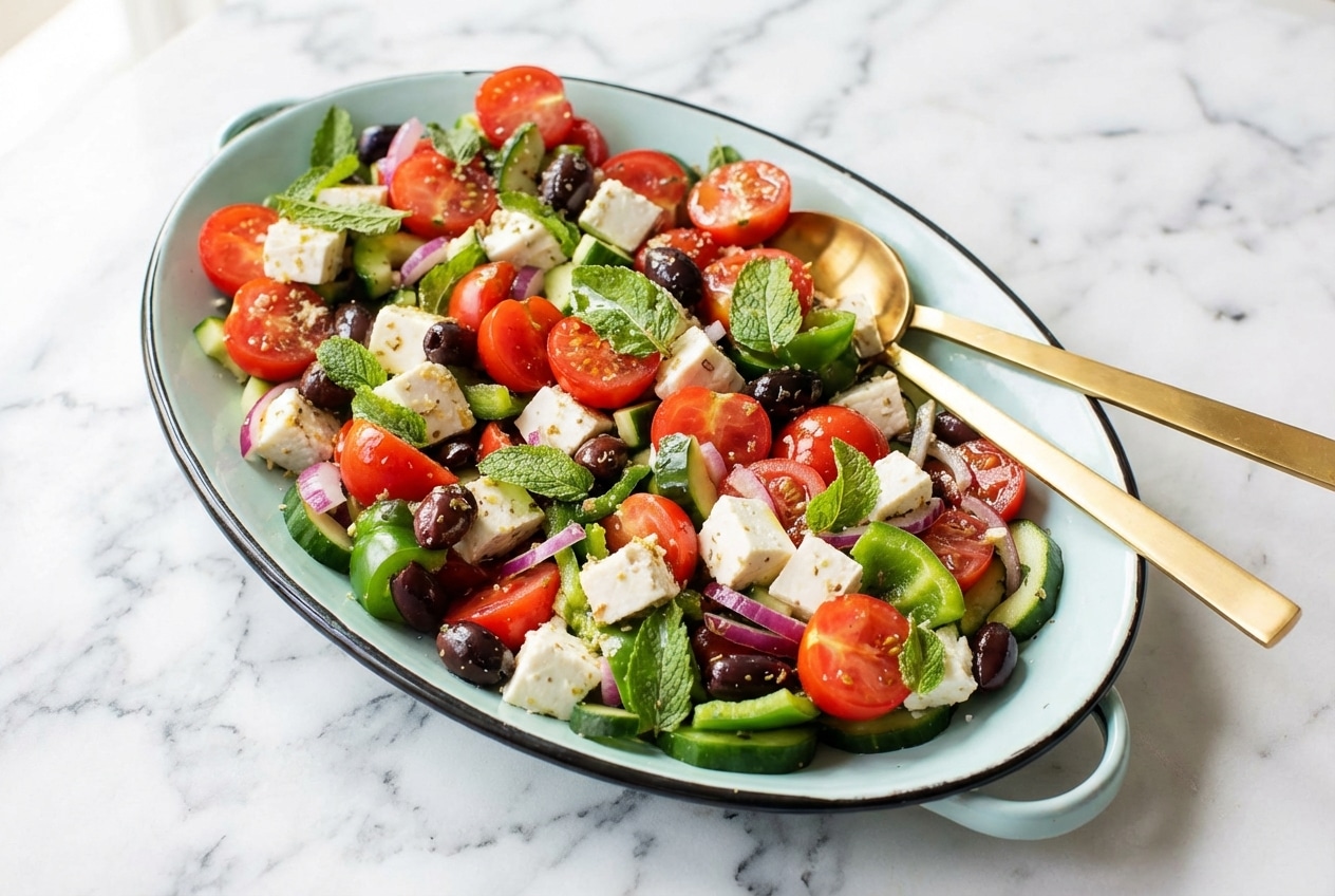 Classic greek salad featuring chunky vegetables and double-oregano marinated feta cubes.