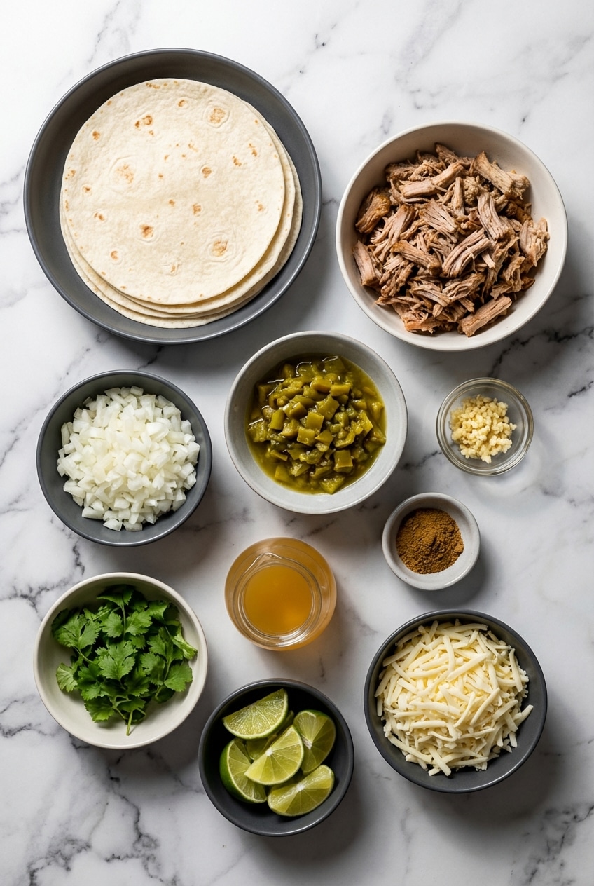 Raw ingredients for green chili burritos including pork tenderloin, fire roasted green chiles, salsa verde, and cumin.