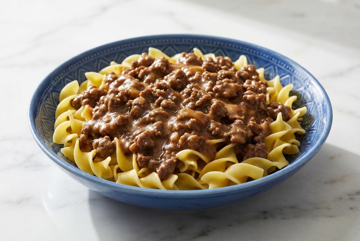 Creamy ground beef stroganoff over egg noodles, featuring an umami-rich sauce with tomato paste and Dijon mustard.