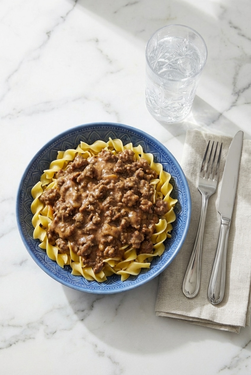 Ground beef stroganoff served in a shallow bowl, ready for a cozy weeknight dinner.