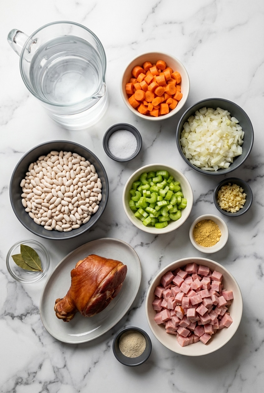 Great Northern beans, ham hocks, mirepoix, and chicken stock arranged for making homemade ham and bean soup.