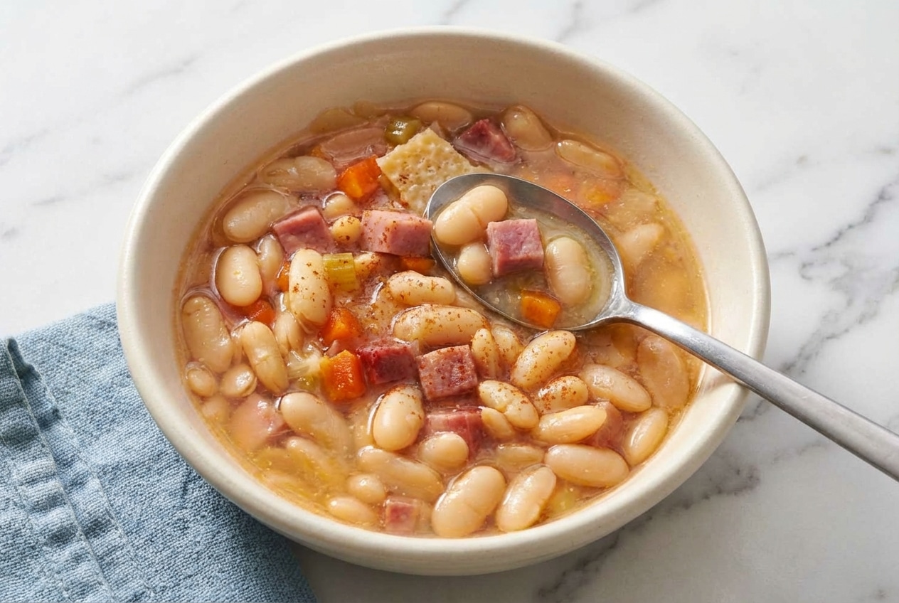 Hearty ham and bean soup with tender Great Northern beans, infused with umami parmesan rind and smoky paprika.