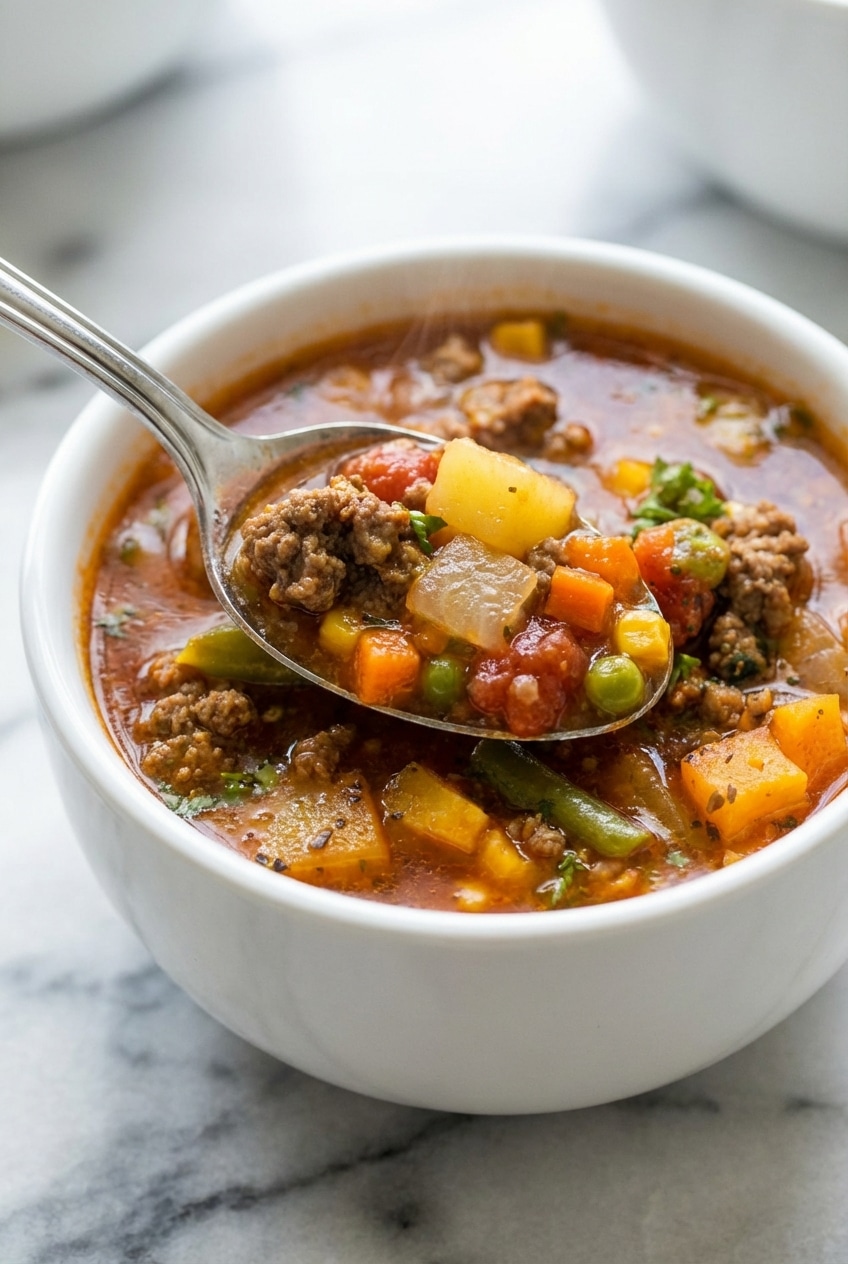 Close-up of browned ground chuck and mirepoix in a Dutch oven for this hamburger soup recipe.