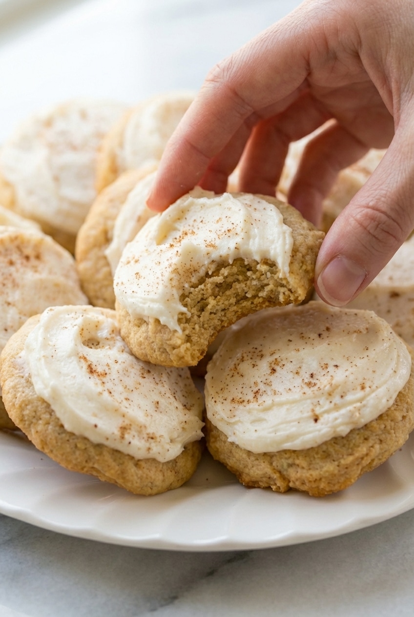 Spiced eggnog cookies cooling on parchment paper during a holiday baking session.