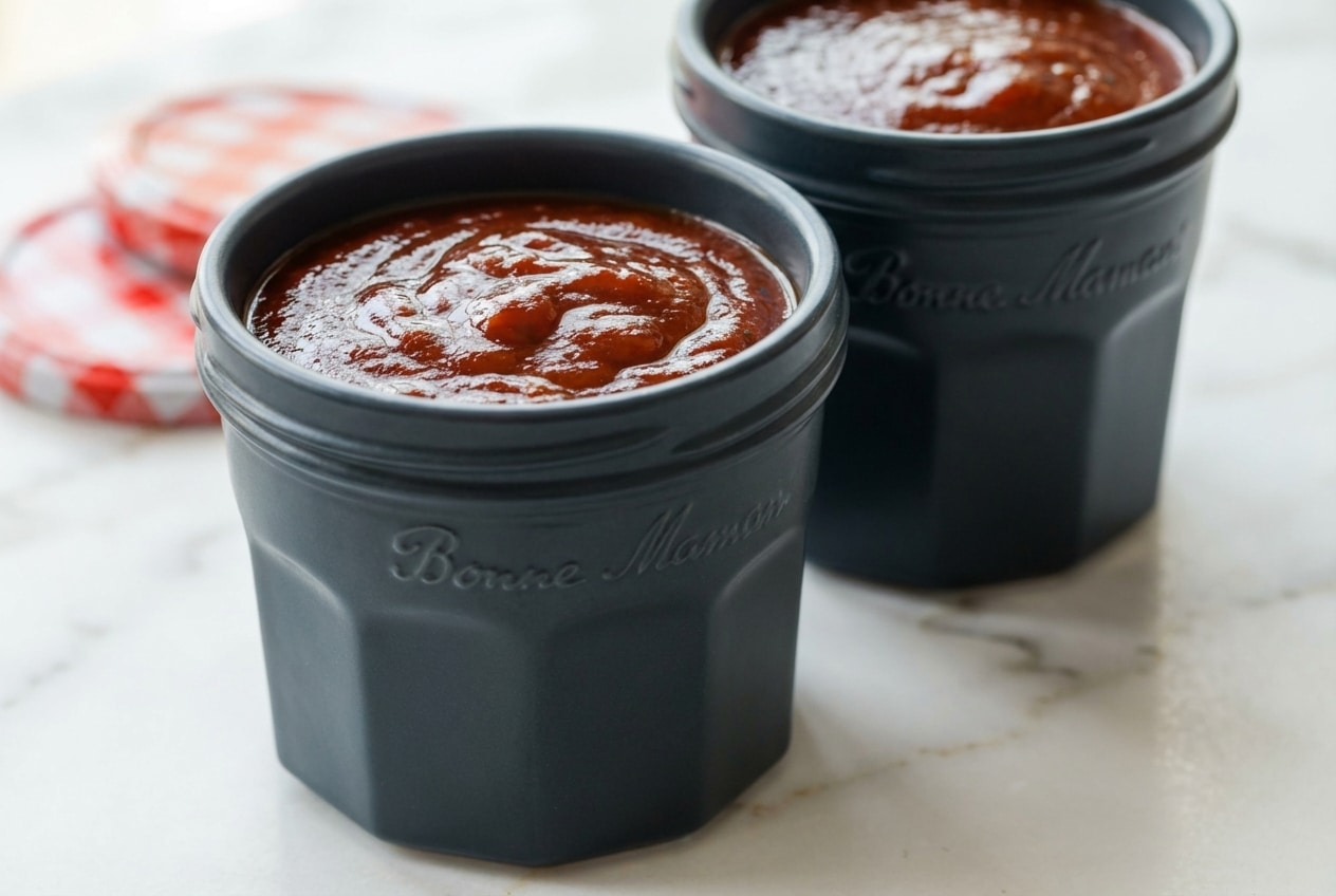 Glossy, dark homemade bbq sauce recipe with a rich bourbon-maple reduction in a glass jar.