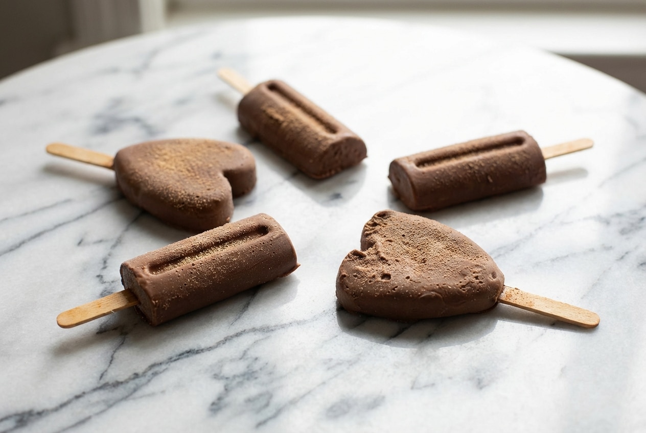 Rich homemade fudge popsicles with a smooth malted milk infusion finish on wooden craft sticks.