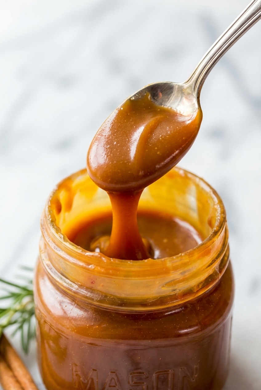 A jar of homemade salted caramel sauce sitting on a wooden table next to a fresh rosemary sprig.