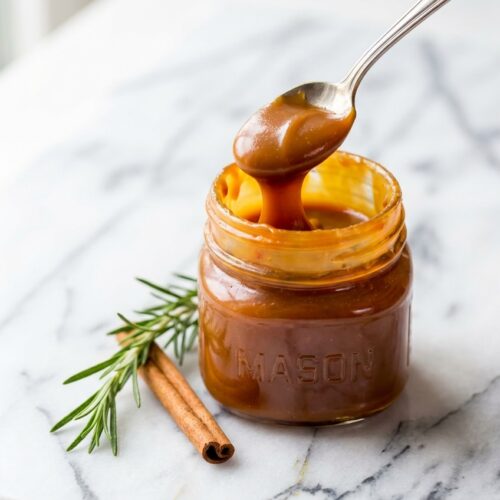 Creamy homemade salted caramel sauce infused with fresh rosemary drizzled over a glass jar.