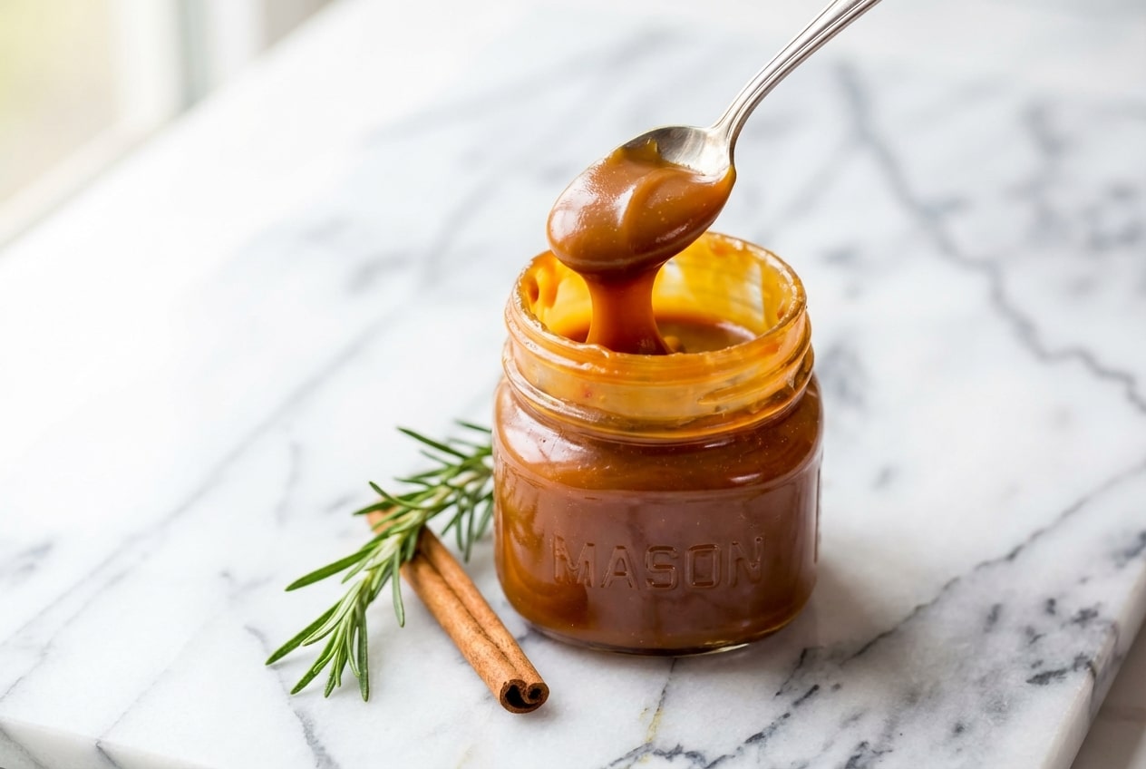 Creamy homemade salted caramel sauce infused with fresh rosemary drizzled over a glass jar.