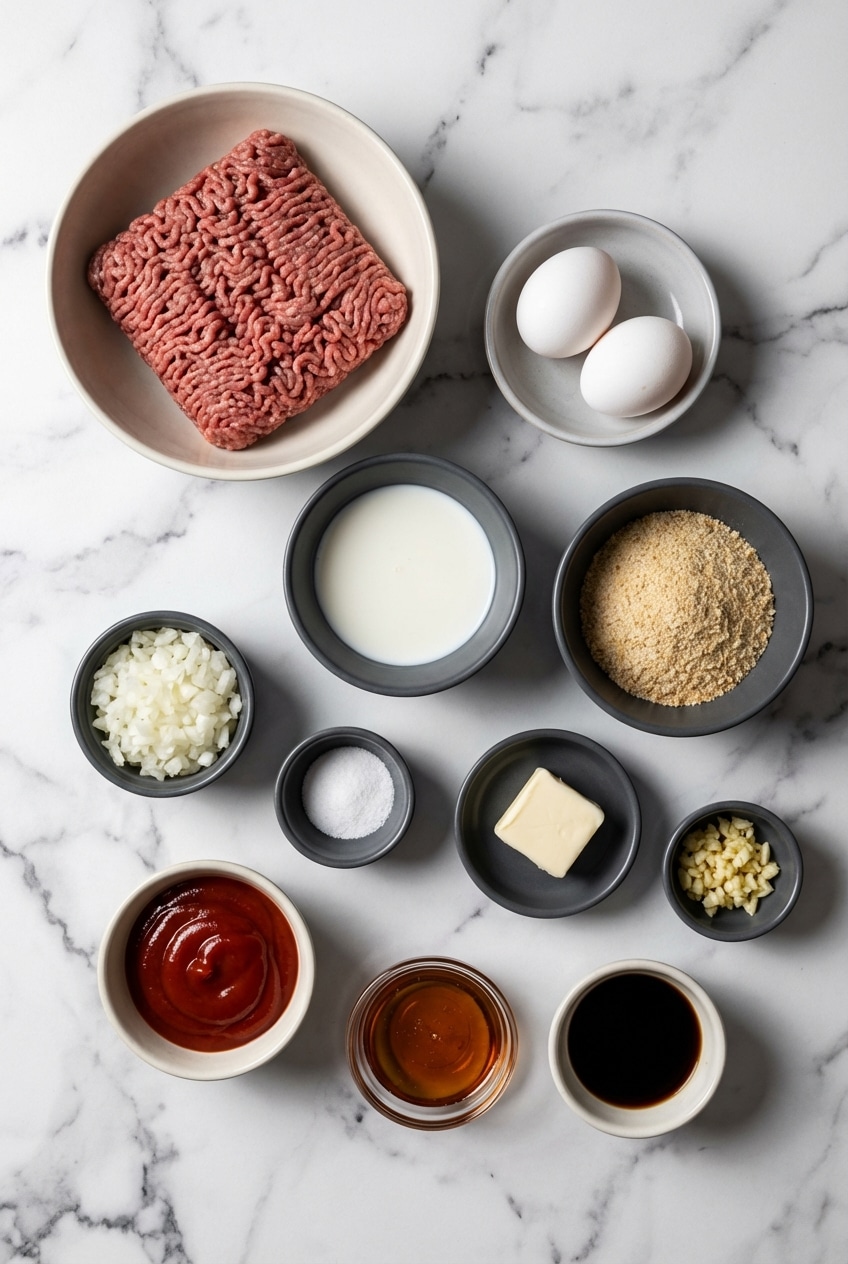 Raw ground beef, honey, minced garlic, and soy sauce arranged for Honey Garlic Meatballs meal prep.
