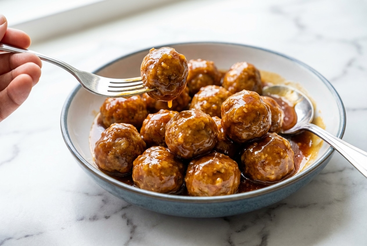 Glazed Honey Garlic Meatballs with a tangy apple cider vinegar and toasted sesame oil sauce in a bowl.