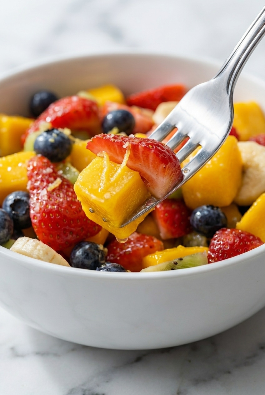 Close-up of Honey Lime Rainbow Fruit Salad as juices form during the maceration process.