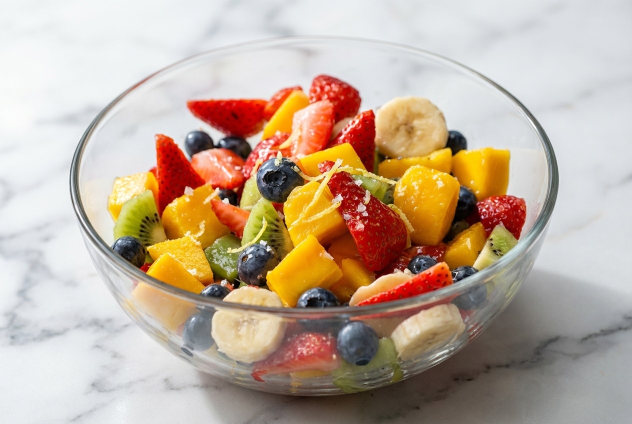Honey Lime Rainbow Fruit Salad in a bowl, glazed with ginger-infused dressing and a pinch of sea salt.