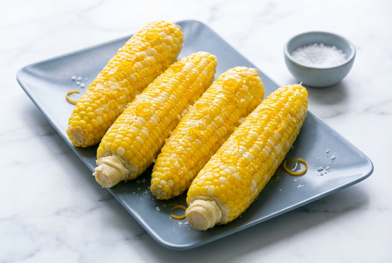 Citrus-honey poached sweet corn on a platter showing how to cook corn on the cob for a bright summer flavor.